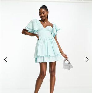 ASOS LUXE one-shoulder cotton dress with corset detail and ruffles in blue